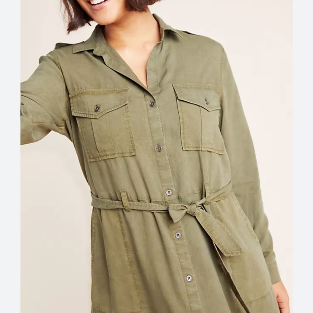 Anthropologie Cloth & Stone Eryn Utility Shirtdress Belt‎ Army Green Safari XS